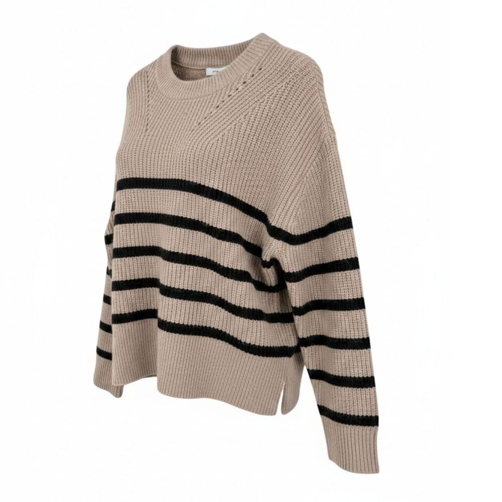 Magaschoni Sweater Small Crew Neck Black Taupe Striped Pull Over $78 NEW